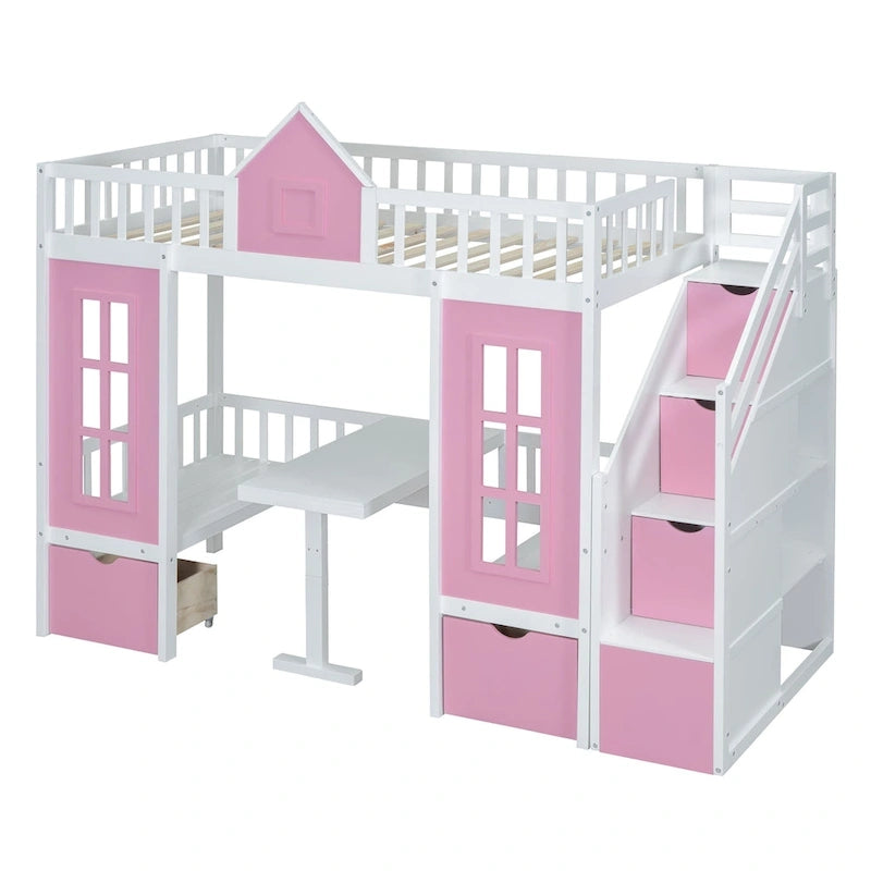 Lit mezzanine cabane gris pour enfants avec escalier, tiroirs de rangement et bureau inférieur