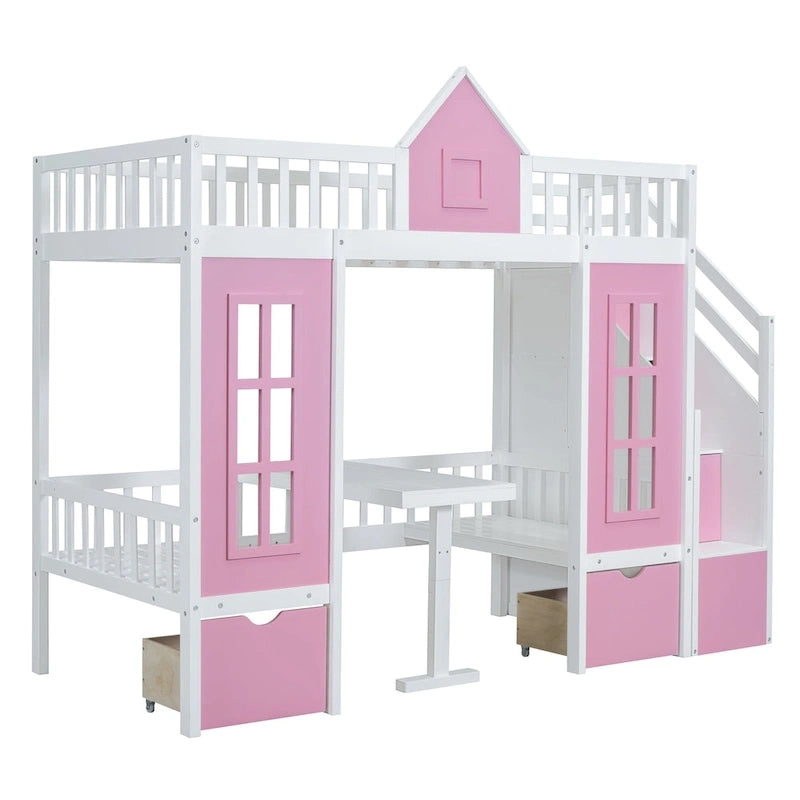 Lit mezzanine cabane gris pour enfants avec escalier, tiroirs de rangement et bureau inférieur