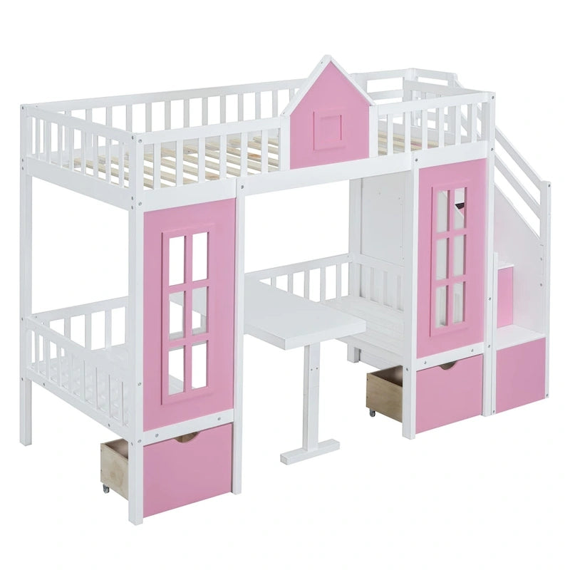 Lit mezzanine cabane gris pour enfants avec escalier, tiroirs de rangement et bureau inférieur