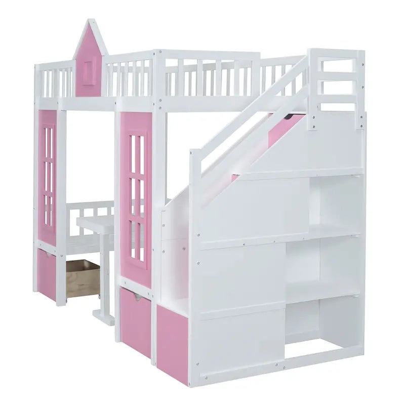 Lit mezzanine cabane gris pour enfants avec escalier, tiroirs de rangement et bureau inférieur