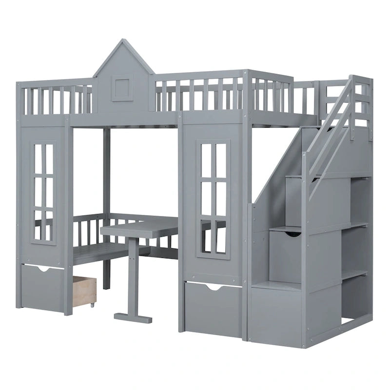 Lit mezzanine cabane gris pour enfants avec escalier, tiroirs de rangement et bureau inférieur