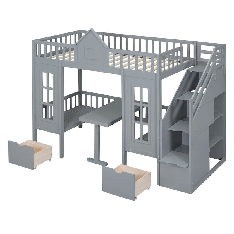 Lit mezzanine cabane gris pour enfants avec escalier, tiroirs de rangement et bureau inférieur