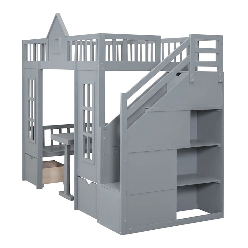 Lit mezzanine cabane gris pour enfants avec escalier, tiroirs de rangement et bureau inférieur