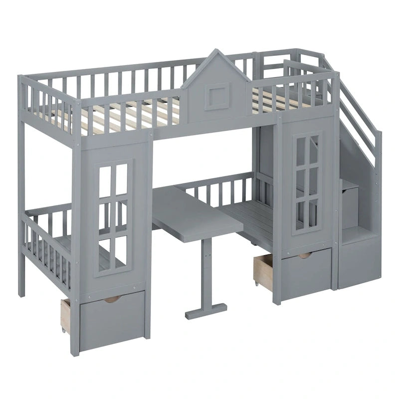 Lit mezzanine cabane gris pour enfants avec escalier, tiroirs de rangement et bureau inférieur