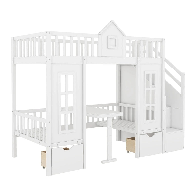 Lit mezzanine cabane gris pour enfants avec escalier, tiroirs de rangement et bureau inférieur