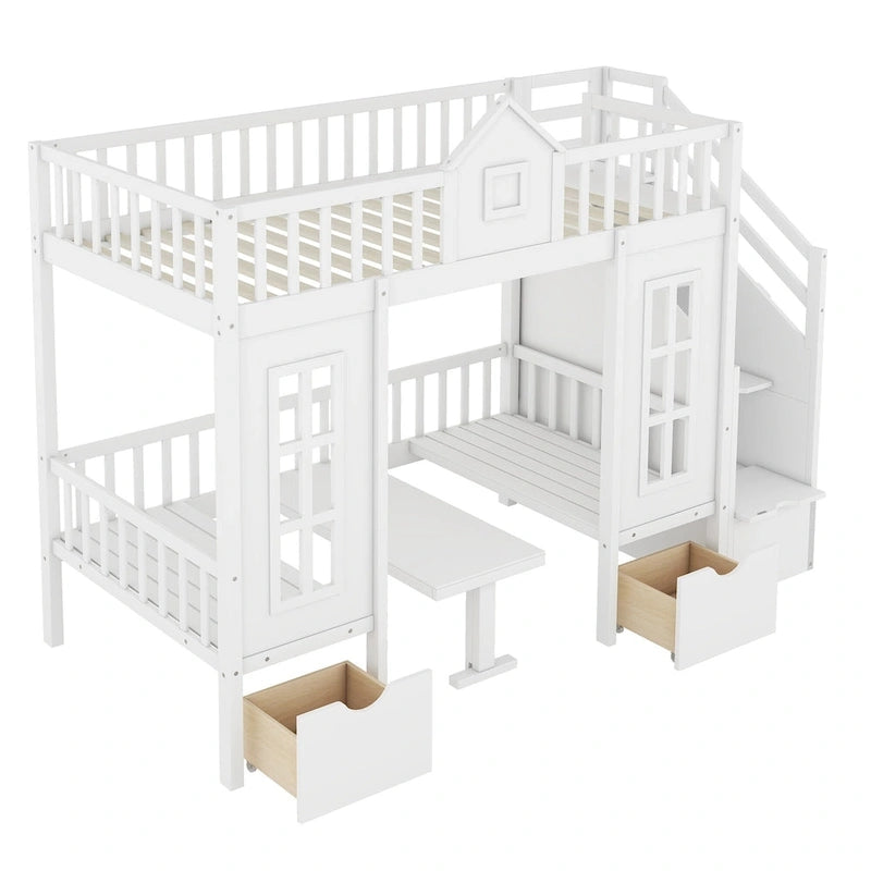 Lit mezzanine cabane gris pour enfants avec escalier, tiroirs de rangement et bureau inférieur