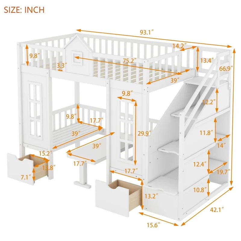 Lit mezzanine cabane gris pour enfants avec escalier, tiroirs de rangement et bureau inférieur