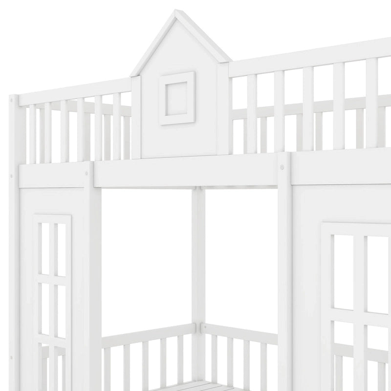 Lit mezzanine cabane gris pour enfants avec escalier, tiroirs de rangement et bureau inférieur