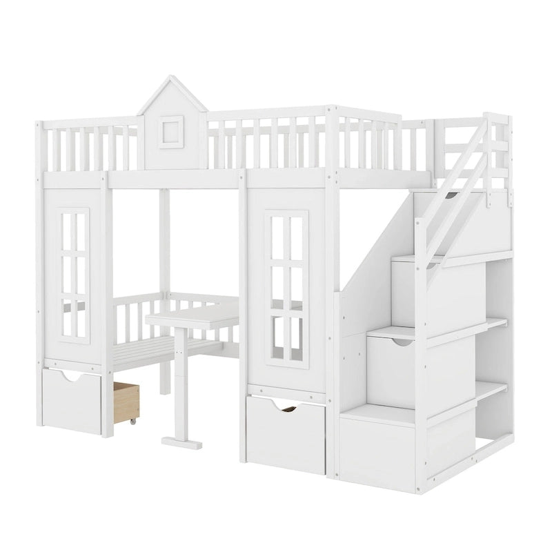 Lit mezzanine cabane gris pour enfants avec escalier, tiroirs de rangement et bureau inférieur