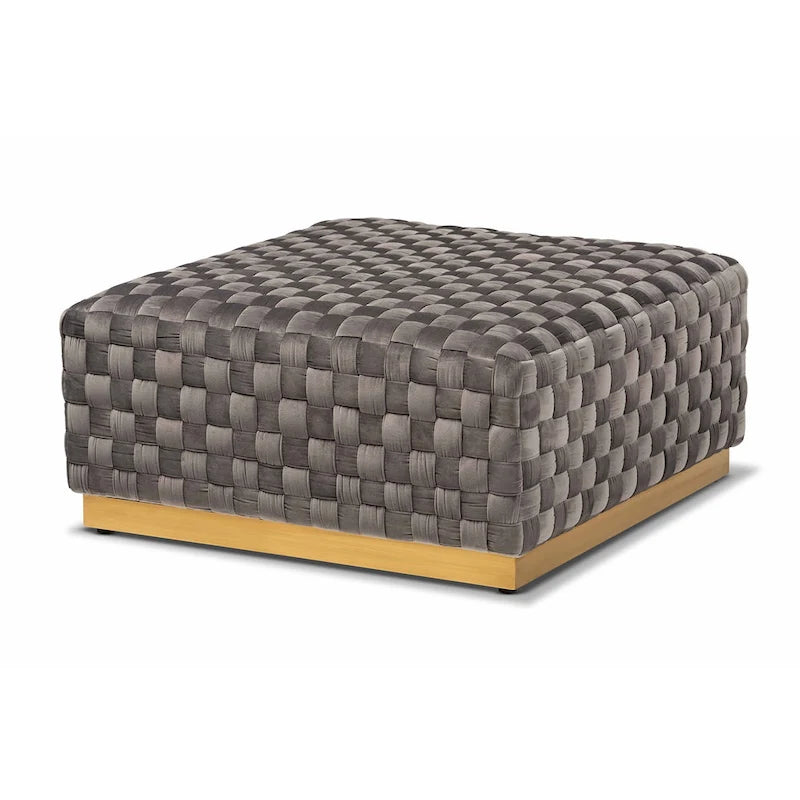 Pouf de cocktail carré tissé en velours gris avec base en métal doré
