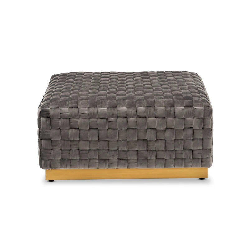 Pouf de cocktail carré tissé en velours gris avec base en métal doré