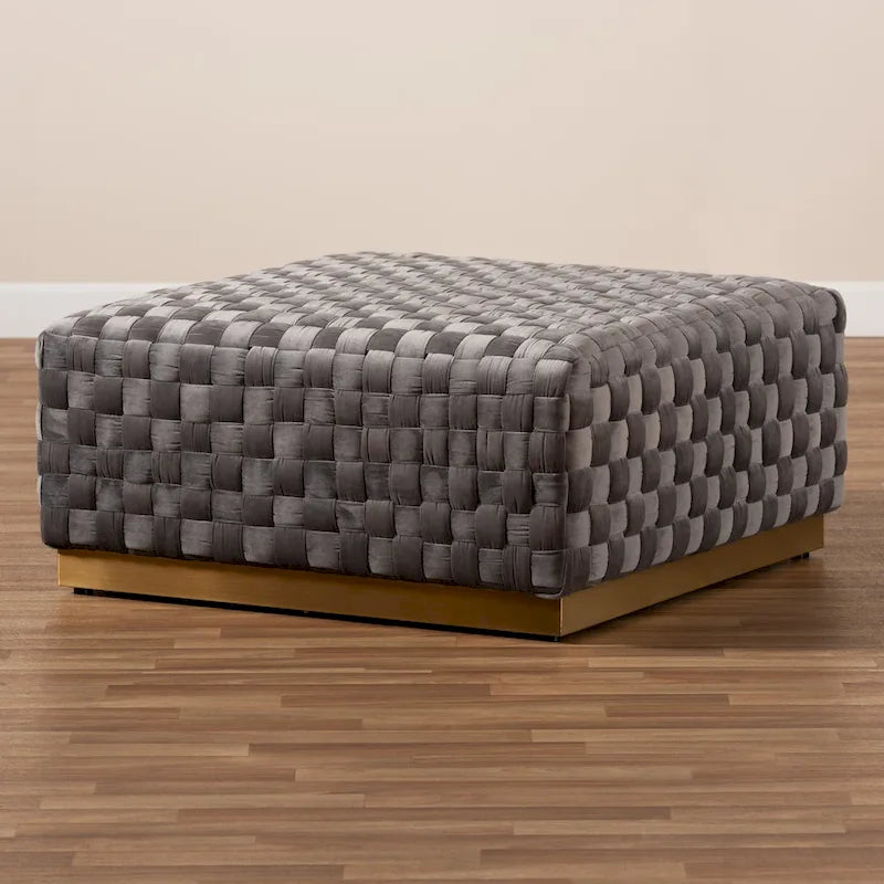 Pouf de cocktail carré tissé en velours gris avec base en métal doré