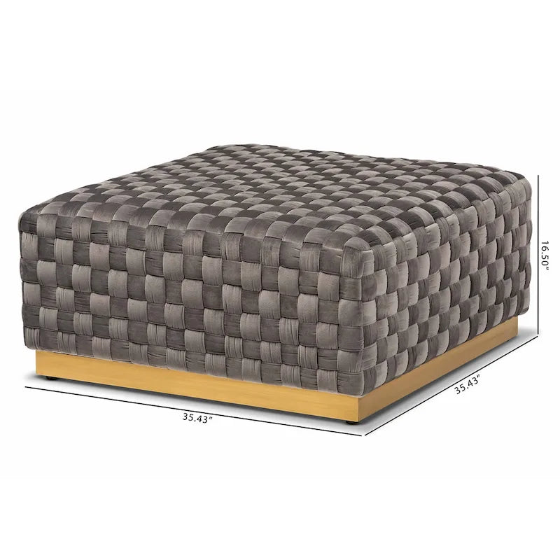 Pouf de cocktail carré tissé en velours gris avec base en métal doré