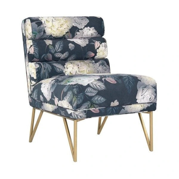Floral Velvet Accent Chair with Channel Tufted Back and Gold Legs
