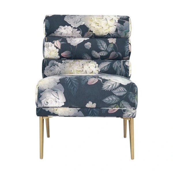 Fauteuil d'appoint en velours fleuri avec dossier capitonné et pieds dorés