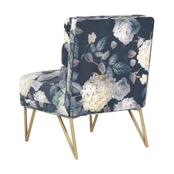 Floral Velvet Accent Chair with Channel Tufted Back and Gold Legs