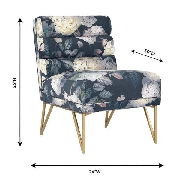 Floral Velvet Accent Chair with Channel Tufted Back and Gold Legs