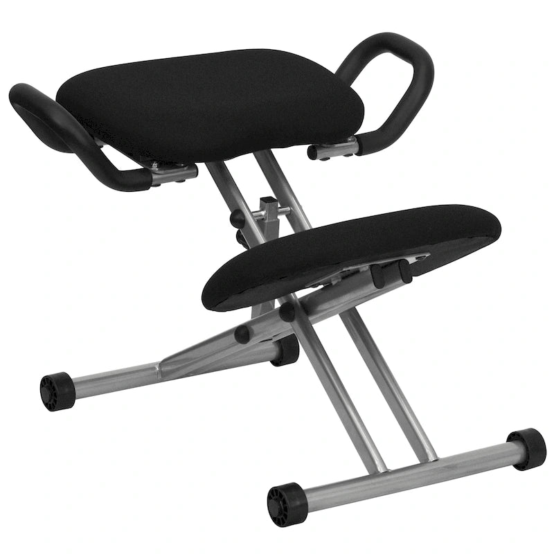Chaise ergonomique à genoux en tissu noir avec poignées rembourrées et roulettes