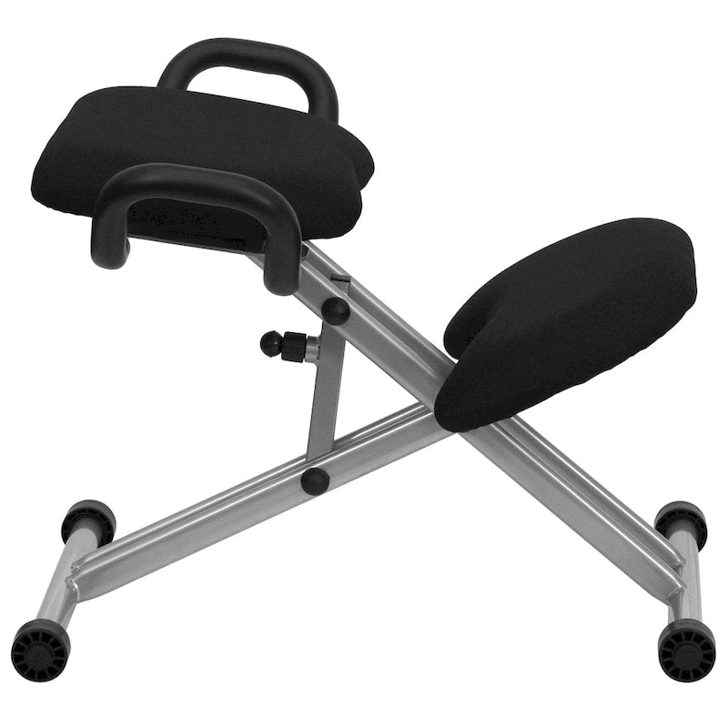 Chaise ergonomique à genoux en tissu noir avec poignées rembourrées et roulettes
