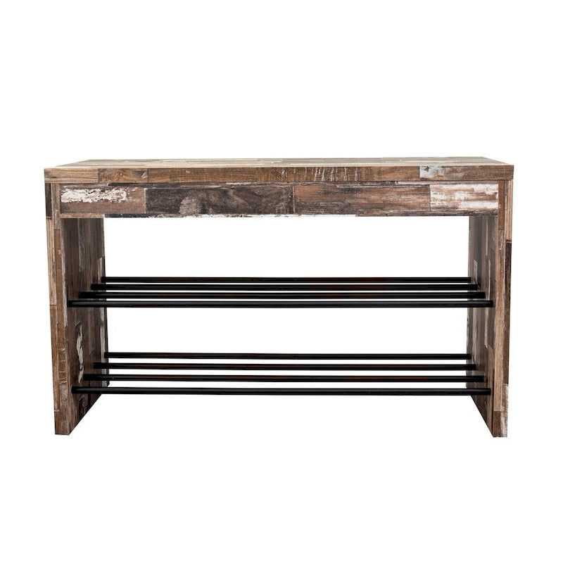 Banc à chaussures industriel à deux niveaux avec finition en bois vieilli et étagères en fer