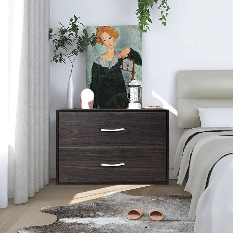 Commode de rangement horizontale à 2 tiroirs, brun foncé
