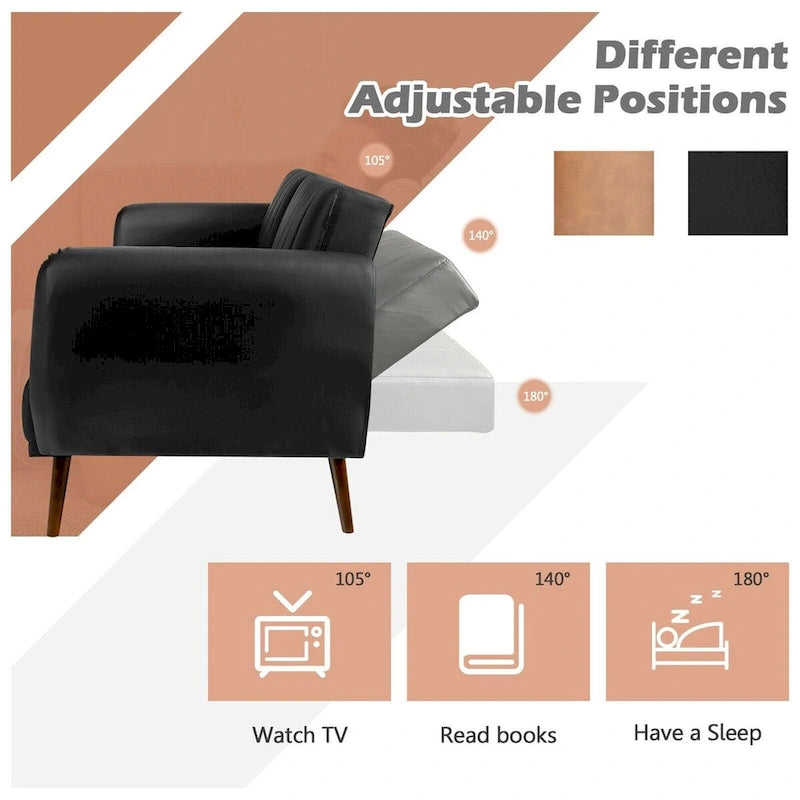 Canapé-lit futon convertible en similicuir PU noir avec dossier divisé réglable