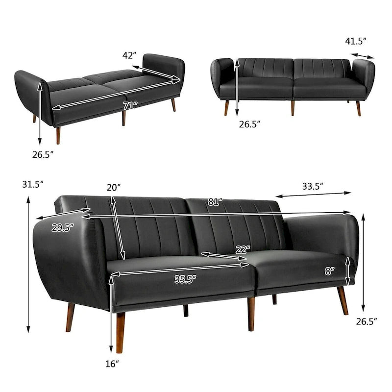 Canapé-lit futon convertible en similicuir PU noir avec dossier divisé réglable