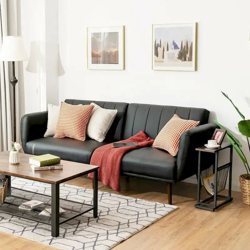 Canapé-lit futon convertible en similicuir PU noir avec dossier divisé réglable
