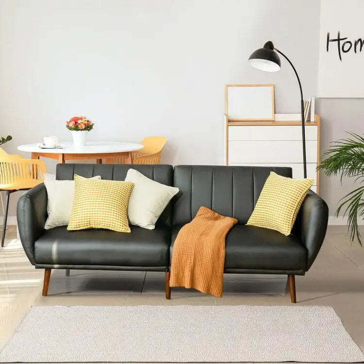 Canapé-lit futon convertible en similicuir PU noir avec dossier divisé réglable