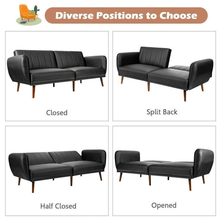 Canapé-lit futon convertible en similicuir PU noir avec dossier divisé réglable