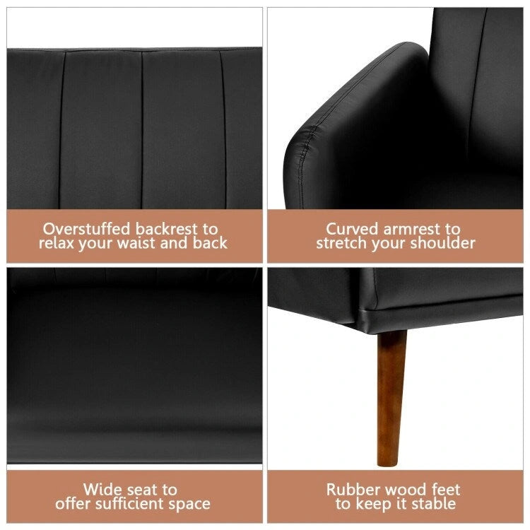 Canapé-lit futon convertible en similicuir PU noir avec dossier divisé réglable