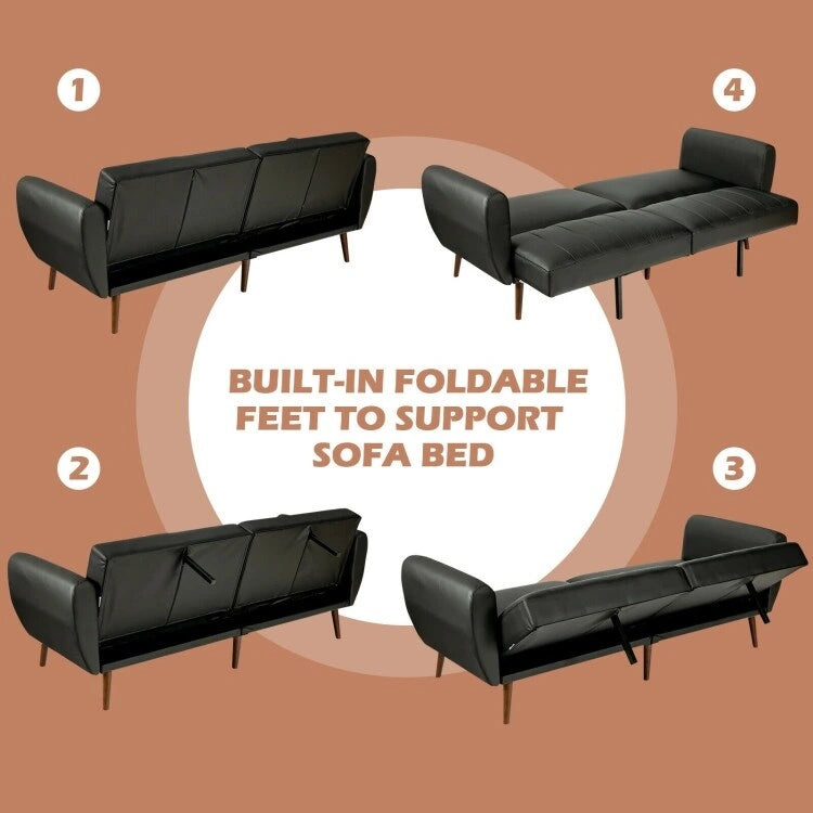 Canapé-lit futon convertible en similicuir PU noir avec dossier divisé réglable