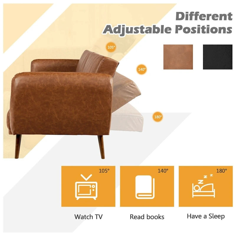Canapé-lit futon convertible en similicuir PU noir avec dossier divisé réglable