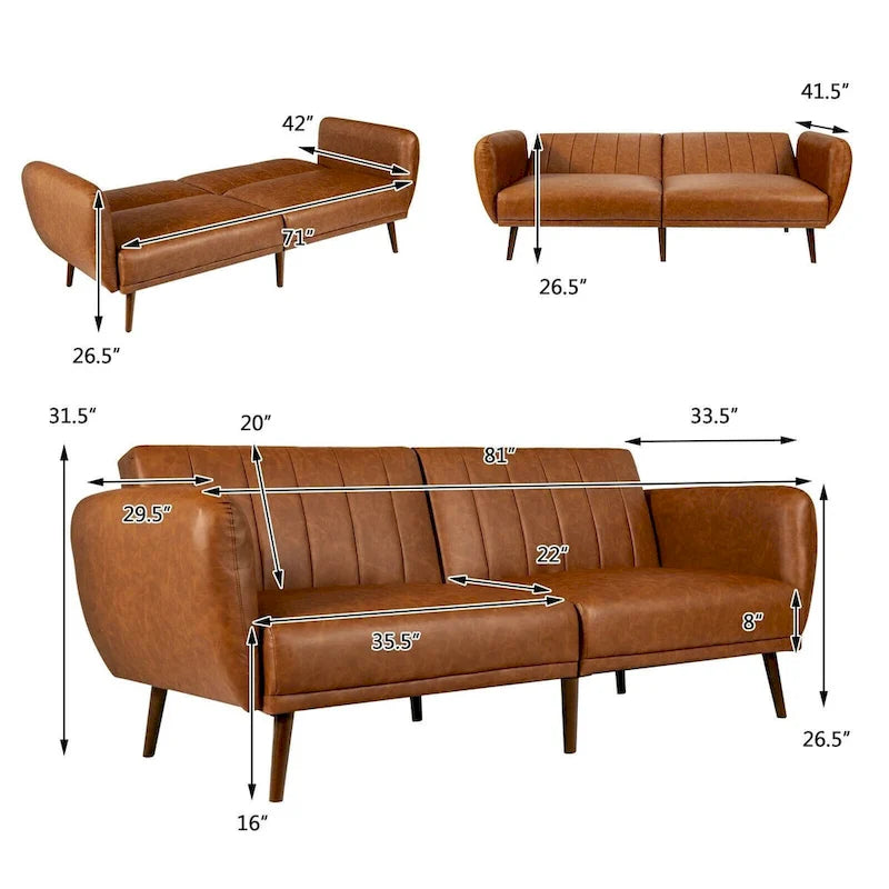 Canapé-lit futon convertible en similicuir PU noir avec dossier divisé réglable