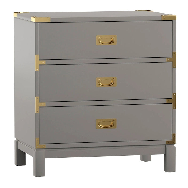 Table de chevet 3 tiroirs collection Campaign avec ferrures dorées, gris expresso blanc