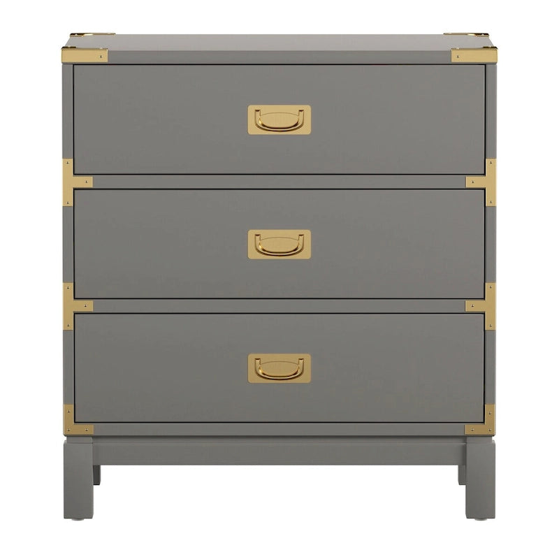 Table de chevet 3 tiroirs collection Campaign avec ferrures dorées, gris expresso blanc