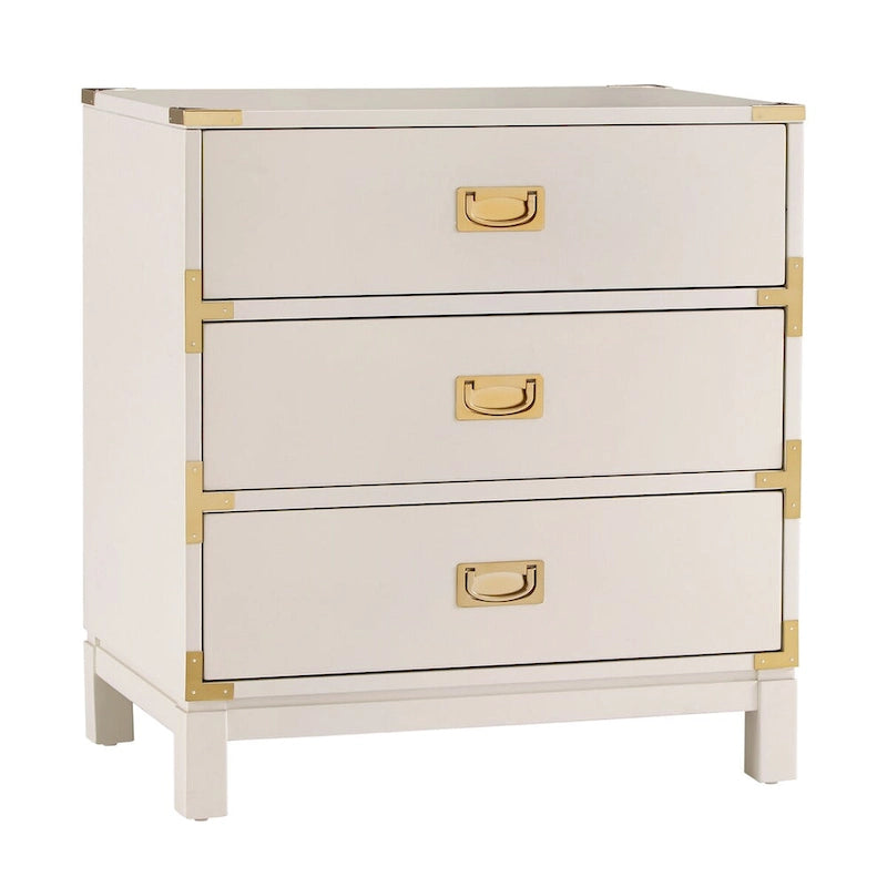 Table de chevet 3 tiroirs collection Campaign avec ferrures dorées, gris expresso blanc