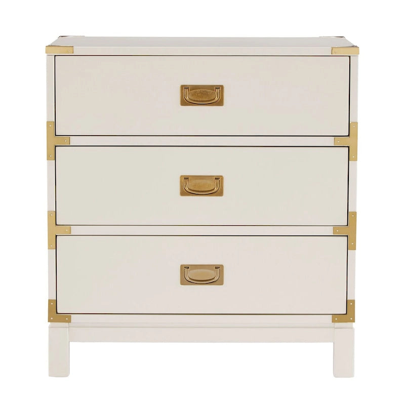 Table de chevet 3 tiroirs collection Campaign avec ferrures dorées, gris expresso blanc
