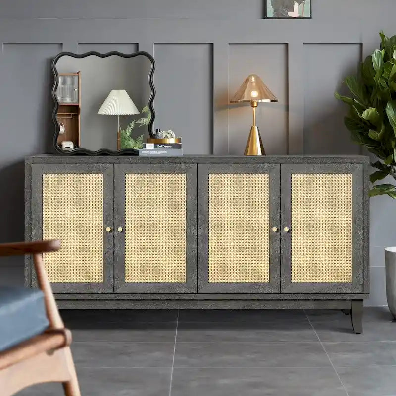Buffet en bois gris foncé antique avec portes en rotin et meuble de rangement