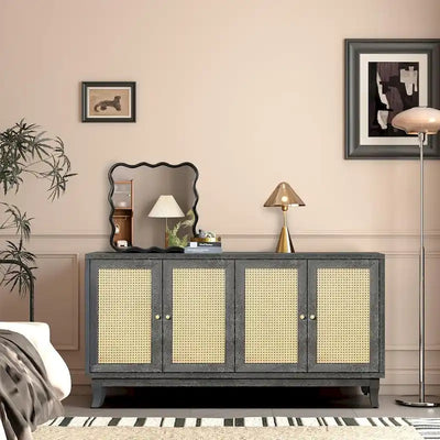Rattan Door Sideboard Buffet Cabinet Antique Dark Grey Wood Storage Console