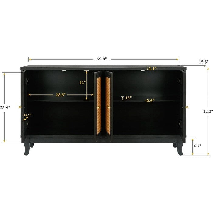 Buffet en bois gris foncé antique avec portes en rotin et meuble de rangement