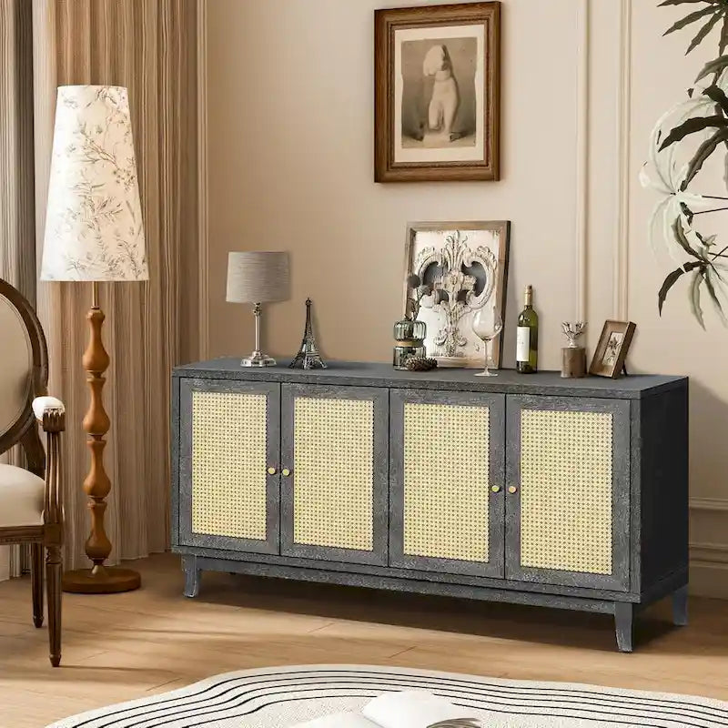 Buffet en bois gris foncé antique avec portes en rotin et meuble de rangement