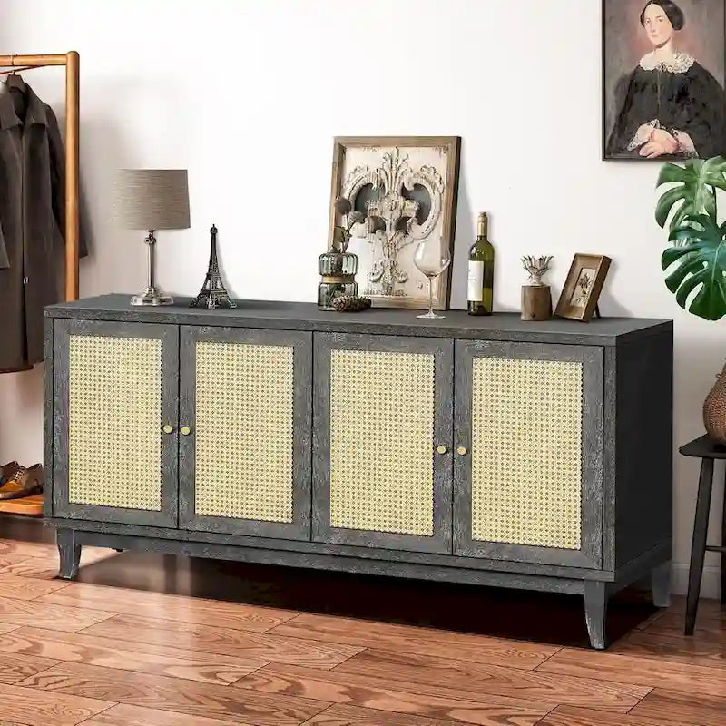 Buffet en bois gris foncé antique avec portes en rotin et meuble de rangement