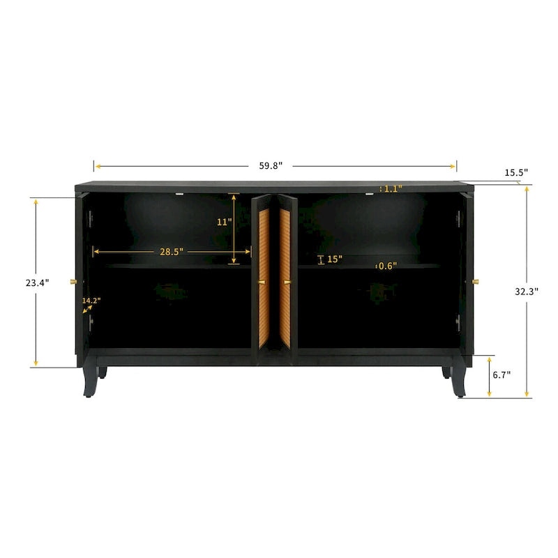 Buffet en bois gris foncé antique avec portes en rotin et meuble de rangement