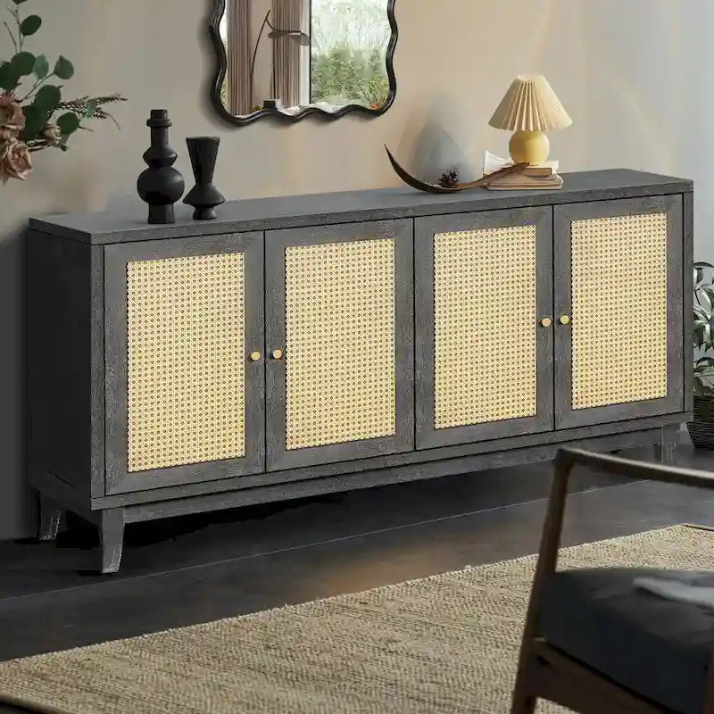 Buffet en bois gris foncé antique avec portes en rotin et meuble de rangement