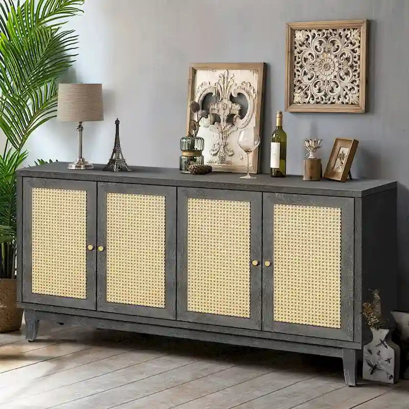 Buffet en bois gris foncé antique avec portes en rotin et meuble de rangement
