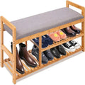 Banc à chaussures en bambou avec coussin gris amovible et étagères de rangement