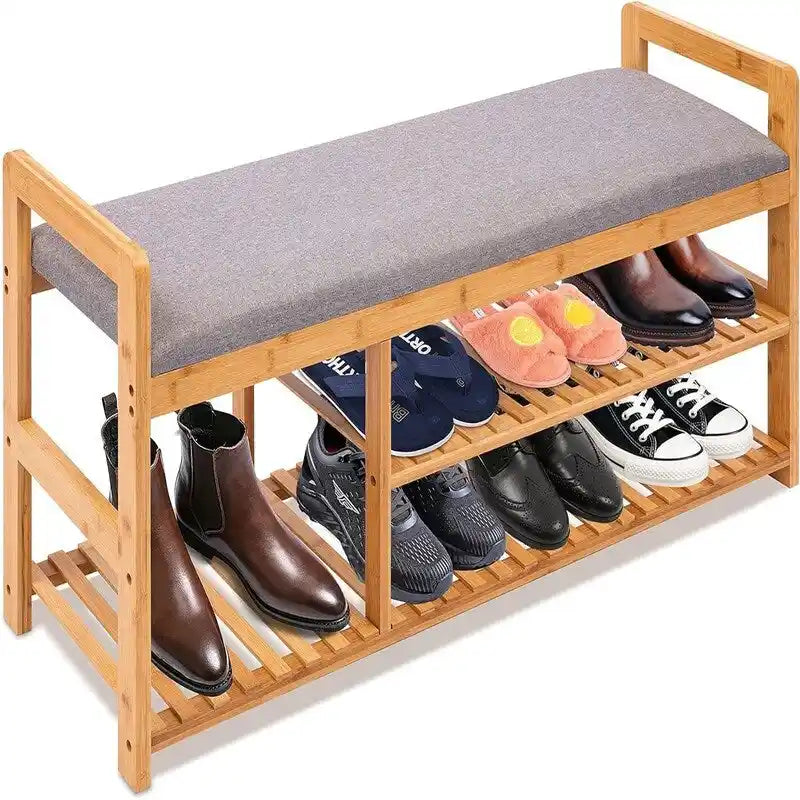Banc à chaussures en bambou avec coussin gris amovible et étagères de rangement