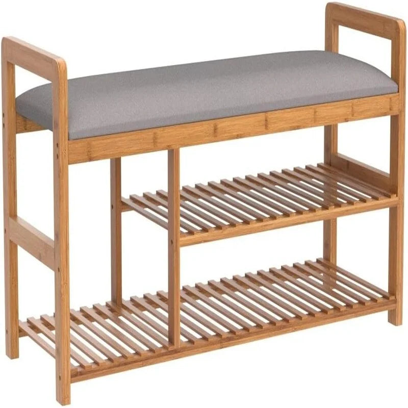 Banc à chaussures en bambou avec coussin gris amovible et étagères de rangement