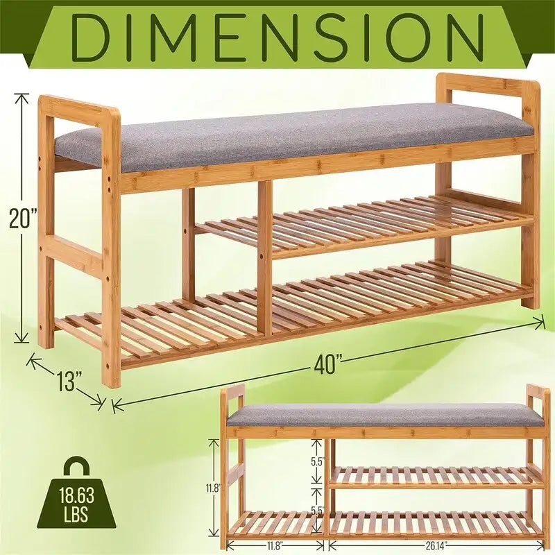 Banc à chaussures en bambou avec coussin gris amovible et étagères de rangement